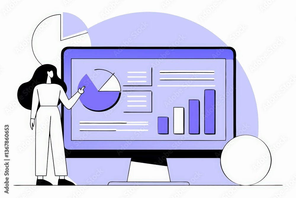 Poster a digital illustration of a person analyzing data on a computer screen featuring charts and graphs, 