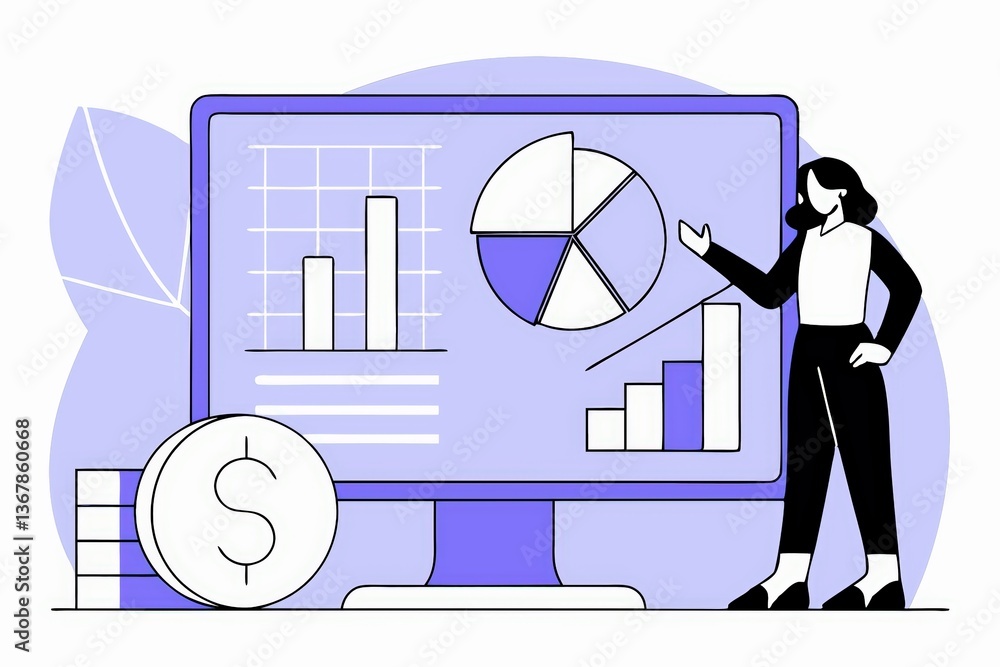 Poster a woman presents financial data on a computer screen featuring charts and graphs, emphasizing busine