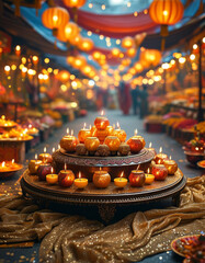 Diwali product display podium background, Lantern-Filled Sky, Diwali Street festival, sky lanterns, vibrant festive markets, traditional sweets, fairy lights, joyous, lively ambiance, ad