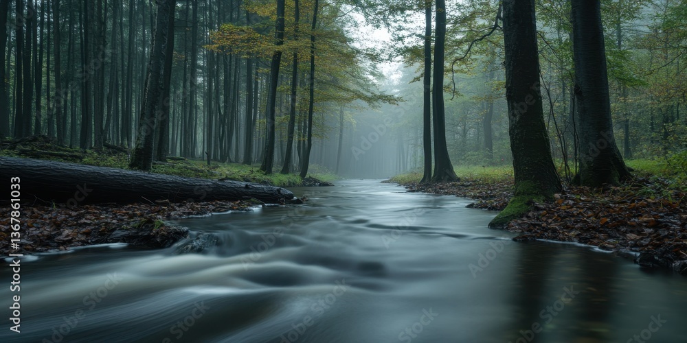 Poster mystical stream: a serene and captivating image of a stream meanders through a tranquil forest, with