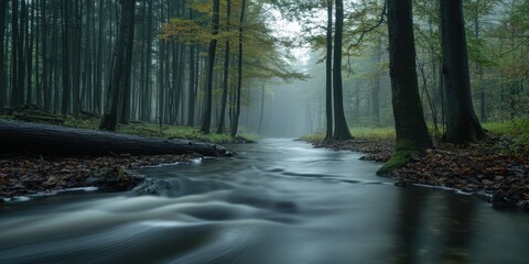 Fototapeta premium Mystical Stream: A serene and captivating image of a stream meanders through a tranquil forest, with the atmospheric mist and trees on each bank, creating an immersive natural environment.