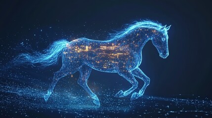 Fototapeta premium Digital horse silhouette running through a blue futuristic landscape 