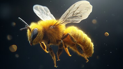 A Stunning Close-Up of a Honeybee in Flight, Capturing its Golden Fuzz and Delicate Wings Against a Dark Background