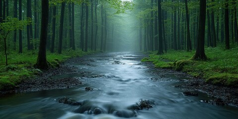 Obraz premium Pathway to Serenity: A winding river carves its way through a dense, ethereal forest, creating a sense of mystery and tranquility. Sunlight filters through the canopy.