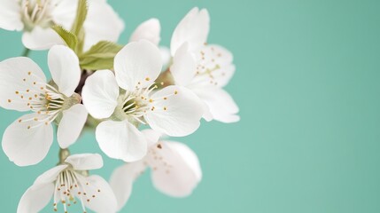 Obraz premium Close-up of delicate white cherry blossoms on a soft green background, with space for text or images, is the perfect design for cards, invitations, wallpapers, banners, posters, social media posts.