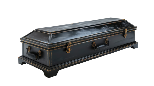 Elegant black coffin isolated on transparent background representing death and funeral rites