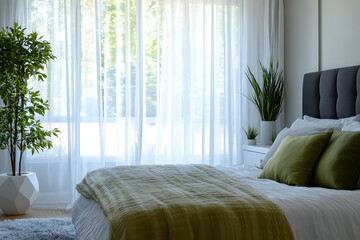 Modern cozy bedroom with green pillows and blanket, sunlit through sheer white curtains. Elegant natural light interior, tranquil home decor, peaceful morning atmosphere.

