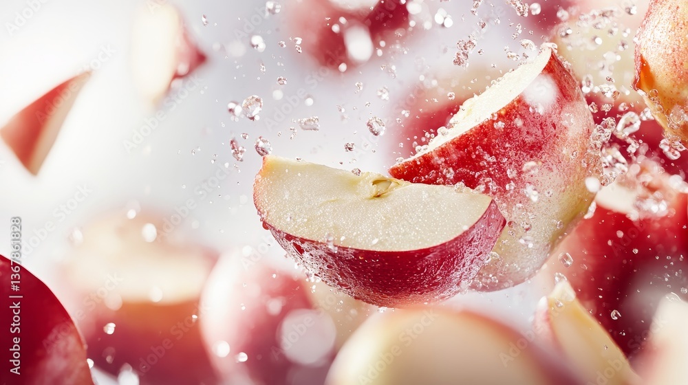 Poster Sliced red apples tumble through the air, creating a dynamic display of freshness with droplets of water capturing their natural texture against a white backdrop