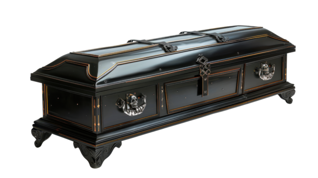 Elegant black coffin with skull handles on transparent background - Powered by Adobe