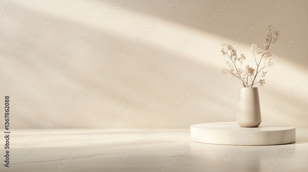 Poster circular white marble podium features a single elegant vase with delicate flowers, set against a neu