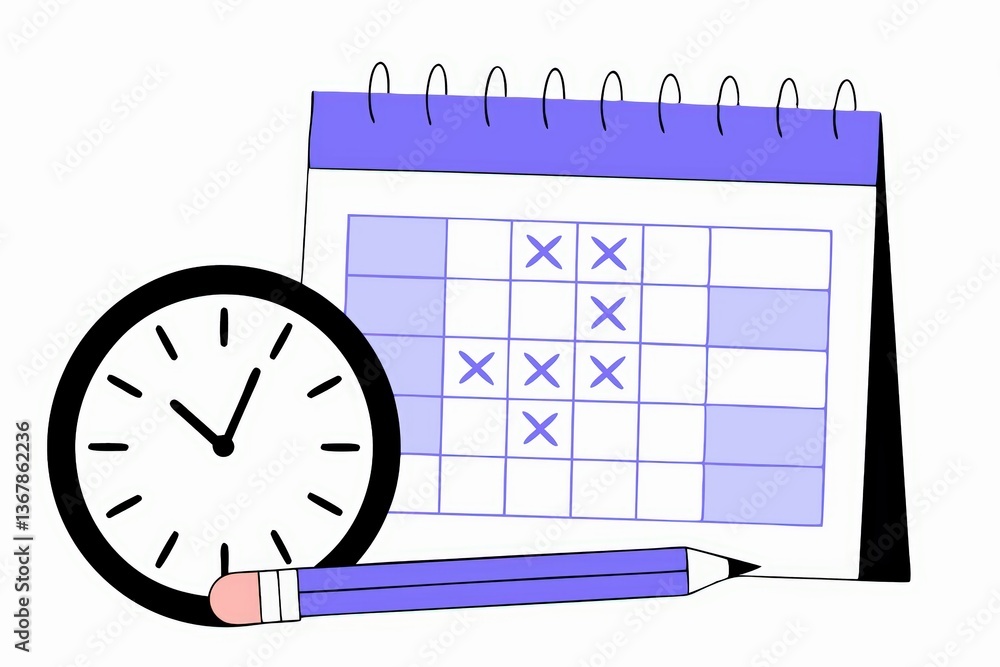 Poster an illustration showing a calendar marked with dates and a clock, representing time management and s