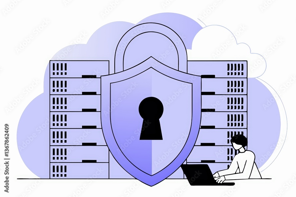 Aufkleber a digital illustration depicting a person working on a laptop in front of a cloud with a security sh