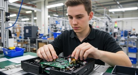 Young Technician Assembling Electronic Components in a Modern Factory