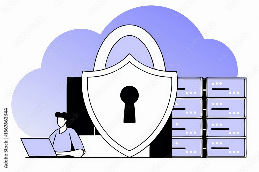 Poster a digital illustration showing a person working on a laptop with a shield symbolizing cybersecurity,