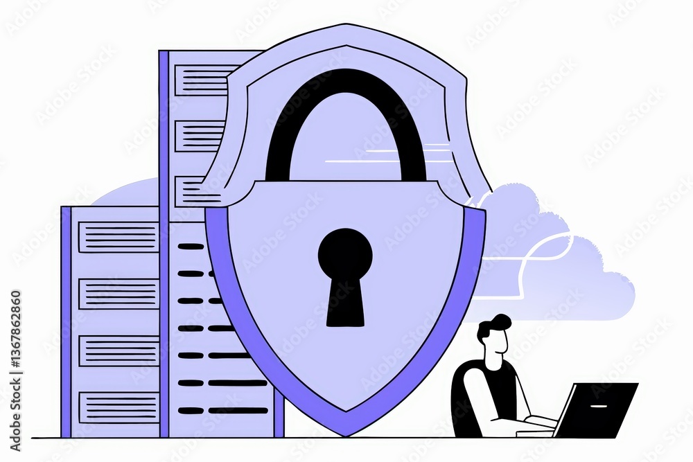 Poster a digital illustration depicting a person working on a laptop with a large shield symbolizing cybers