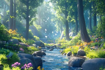 A playful forest where rocks and streams come to life with cartoonish features, creating a lively environment where every element of nature interacts in a whimsical way
