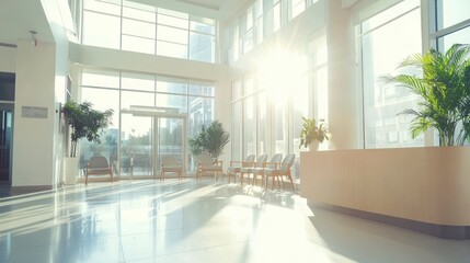 Obraz premium Waiting Area with Reception Desk in a Bright Sunny Modern Office
