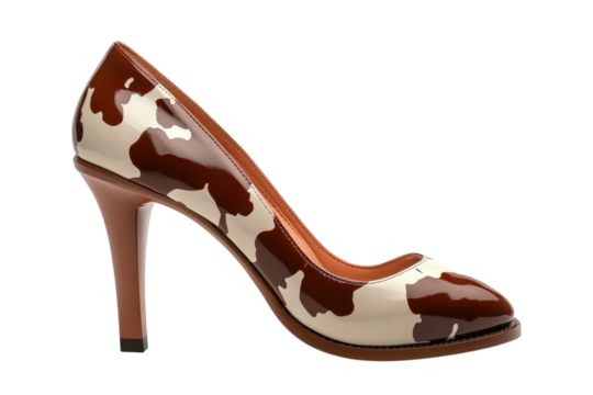 Elegant cowhide print high heels, a sophisticated blend of modern style and classic design, showcasing a glossy finish against a clean white background.