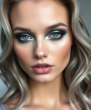 Elegant portrait showcasing close-up female face highlighted by striking blue eyeshadow and well-defined features, emphasizing beauty, sophistication, and creativity, ideal for makeup, fashion, or bea