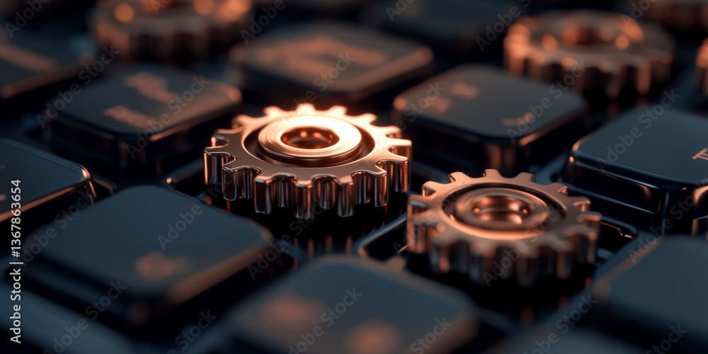 Aufkleber close-up of metallic gears on dark keyboard, showcasing intricate detail and precision mechanism, sy