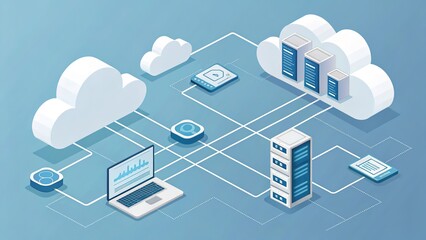 Modern conceptual 3D illustration of cloud technologies. Network connections, servers, security, and data storage. Generative AI.