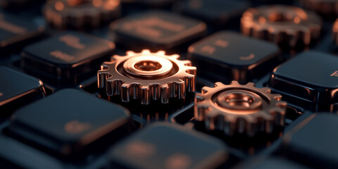 Close-up of metallic gears on dark keyboard, showcasing intricate detail and precision mechanism, symbolizing technology, functionality, and teamwork