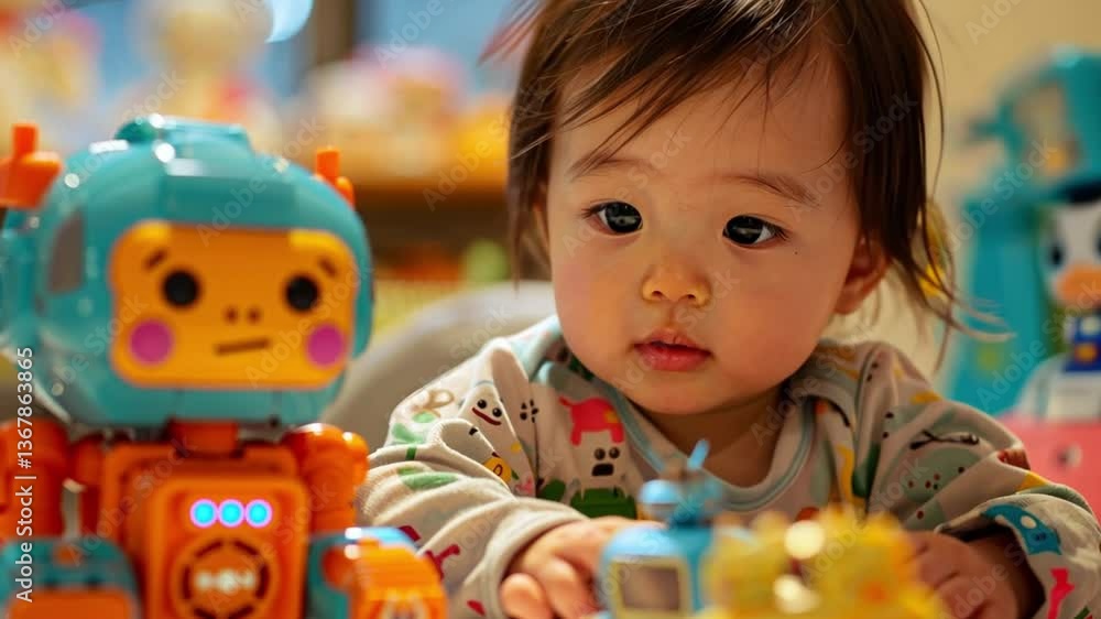 Poster toddler interacting with colorful robot toys while exploring their emotions in a cozy indoor setting