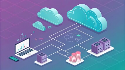 Modern conceptual 3D illustration of cloud technologies. Network connections, servers, security, and data storage. Generative AI.