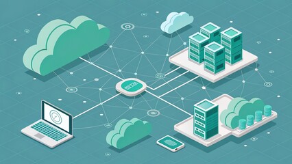 Modern conceptual 3D illustration of cloud technologies. Network connections, servers, security, and data storage. Generative AI.