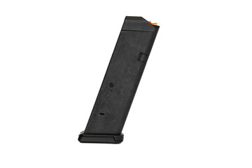 A sleek black magazine with an orange follower, designed for pistols, showcased against a plain white background.