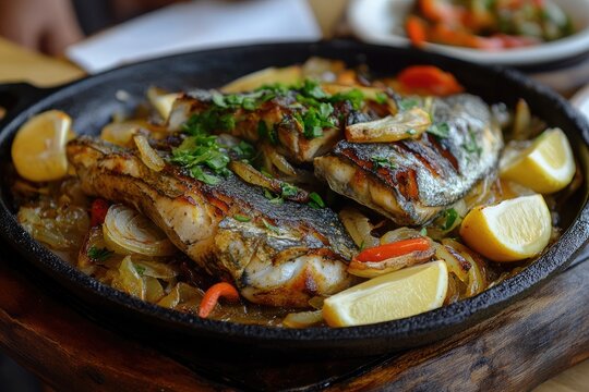 A sizzling platter of sayadiyah samak with fish and caramelized onions