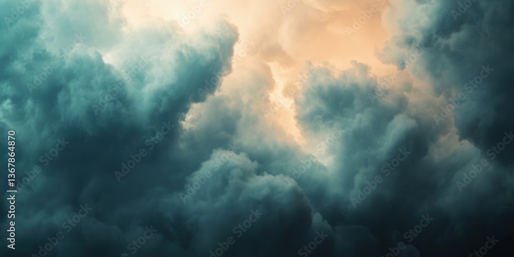 Poster dramatic sky: a mesmerizing image of dark storm clouds building with a golden light shining through,