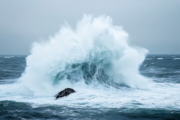 A powerful wave crashing against a lone rock in the middle of a vast ocean, sending sprays of water high into the air