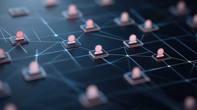 Abstract network of interconnected nodes glowing on a dark digital surface.