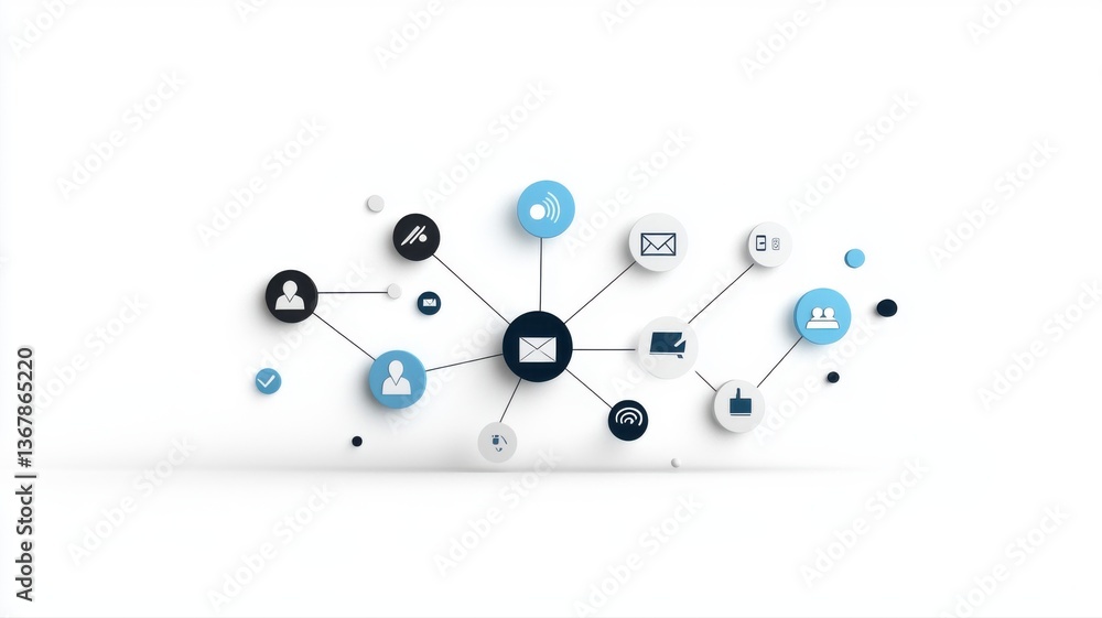 Poster abstract network of interconnected technology icons on a white background, symbolizing digital conne
