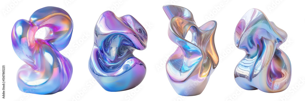 Poster a stunning collection of iridescent sculptures in fluid abstract forms, showcasing unique swirls and