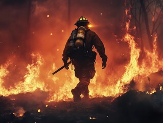 Courageous Firefighter Battling Intense Wildfire in a Fiery Forest Landscape