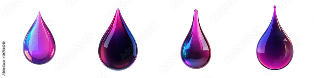 Poster visually striking abstract image featuring translucent liquid drops in a vibrant color palette of pu