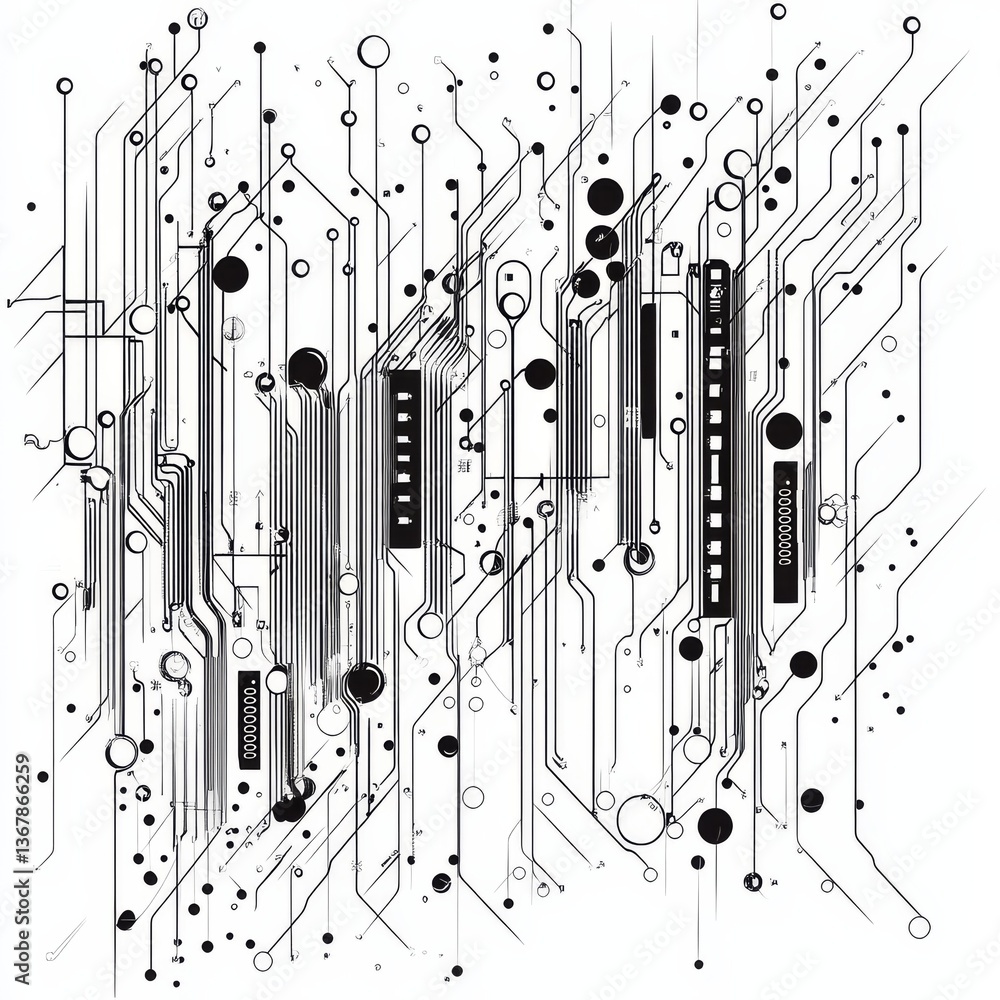 Aufkleber abstract circuit board design in black and white, featuring complex interconnections and digital ele