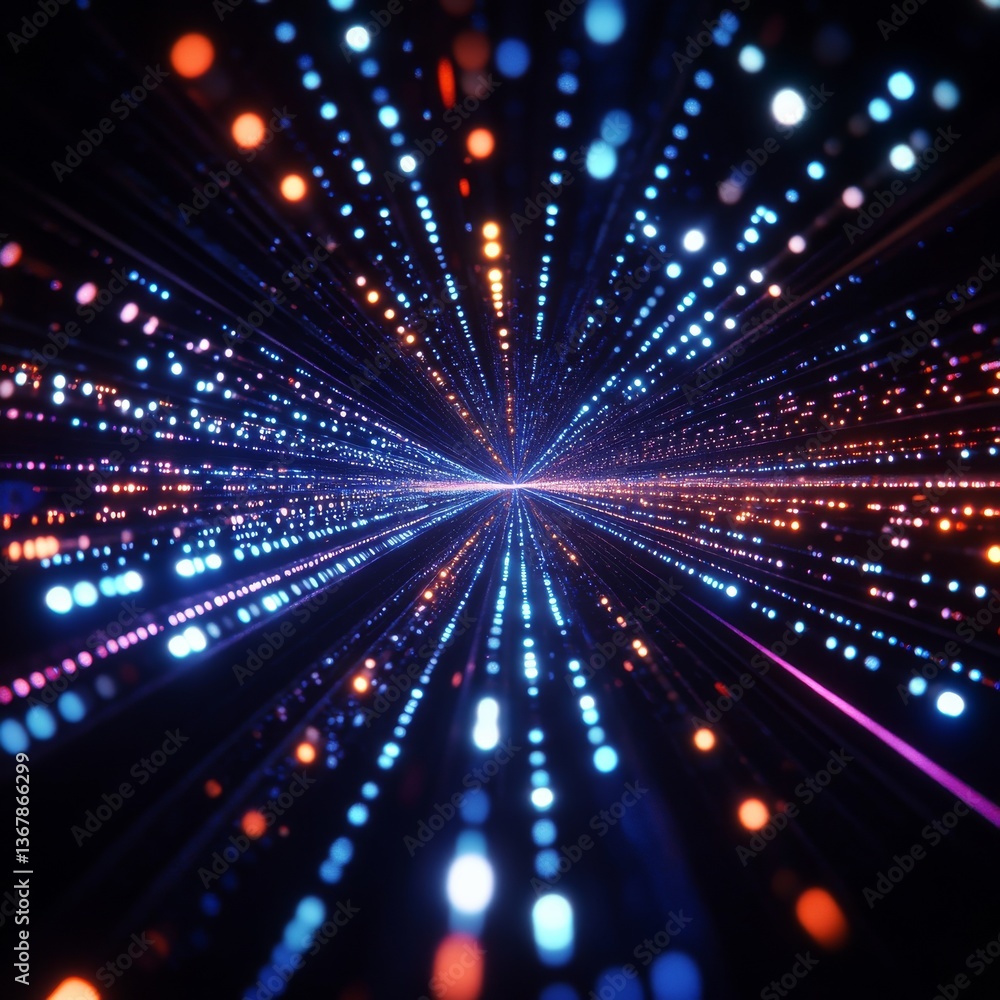 Poster abstract data stream: blue and orange digital flow through a dark void, glowing lights