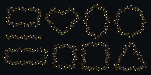 Golden star border and frames set. Round, square, oval, heart shapes from star garlands. Festive borders for postcard, invitation, banner, flyer. Vector graphics