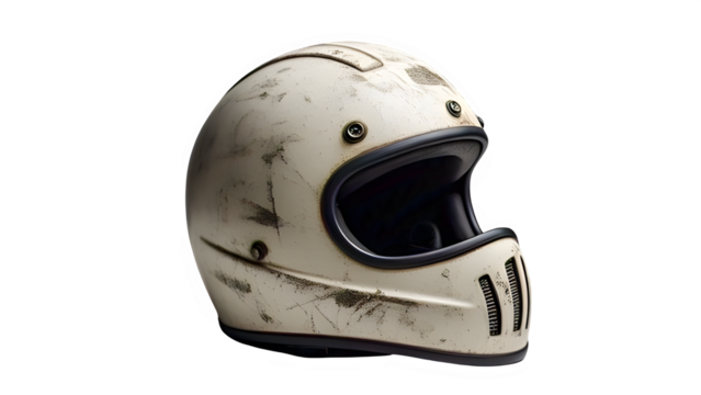 Vintage-style motorcycle helmet, distressed cream color