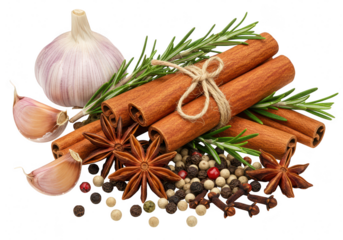 A collection of whole spices including garlic bulbs, cinnamon sticks, star anise, black and white peppercorns isolated on transparent background