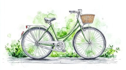 a green vintage bicycle with a basket placed on a park bench near trees.