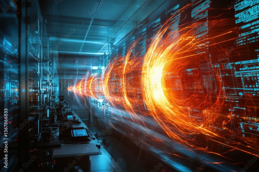 Poster bright data streams illuminate a high-tech server room during late night operations