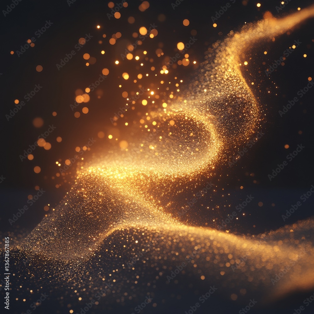 Poster golden glittering particles flowing elegantly against a dark backdrop, creating a mesmerizing visual