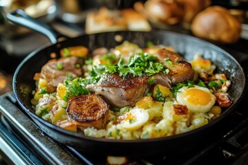 A sizzling skillet of bubble and squeak with braised goose