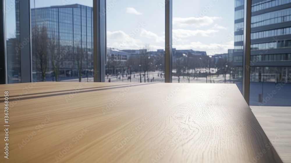 Aufkleber Natural light streams into a contemporary workspace, casting shadows on the empty wooden desk next to a large window, creating a tranquil and minimalist setting