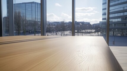 Natural light streams into a contemporary workspace, casting shadows on the empty wooden desk next to a large window, creating a tranquil and minimalist setting