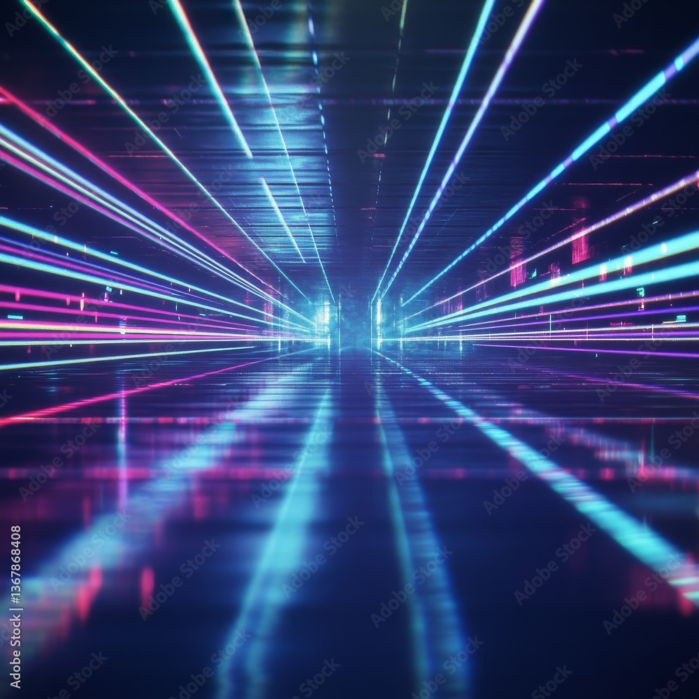 Poster neon light tunnel: digital abstract background with glowing lines and reflections, futuristic, immer